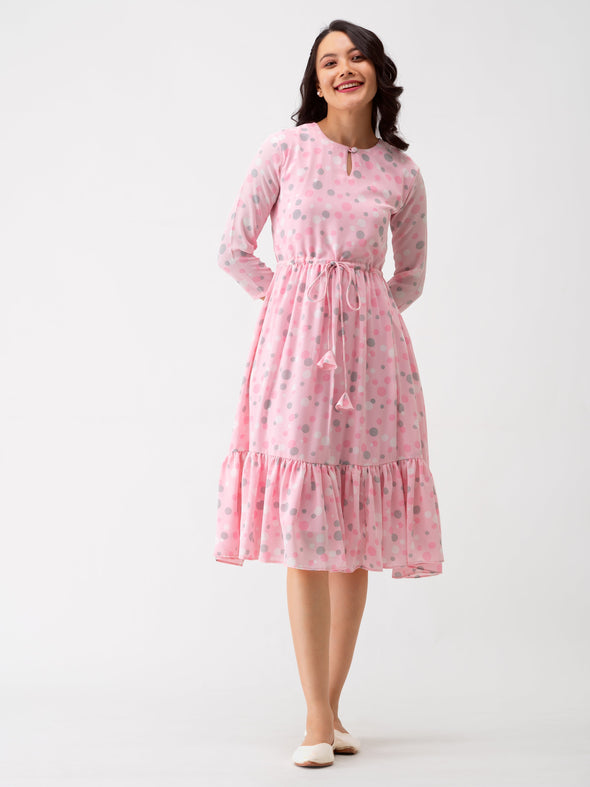 Polka Dots Floral Printed Tie Up Crepe A-Line Dress