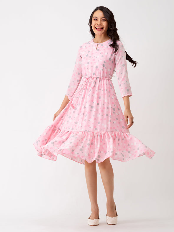 Polka Dots Floral Printed Tie Up Crepe A-Line Dress