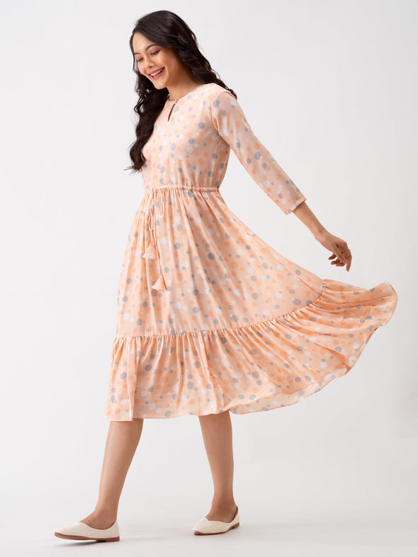 Polka Dots Floral Printed Tie Up Crepe A-Line Dress