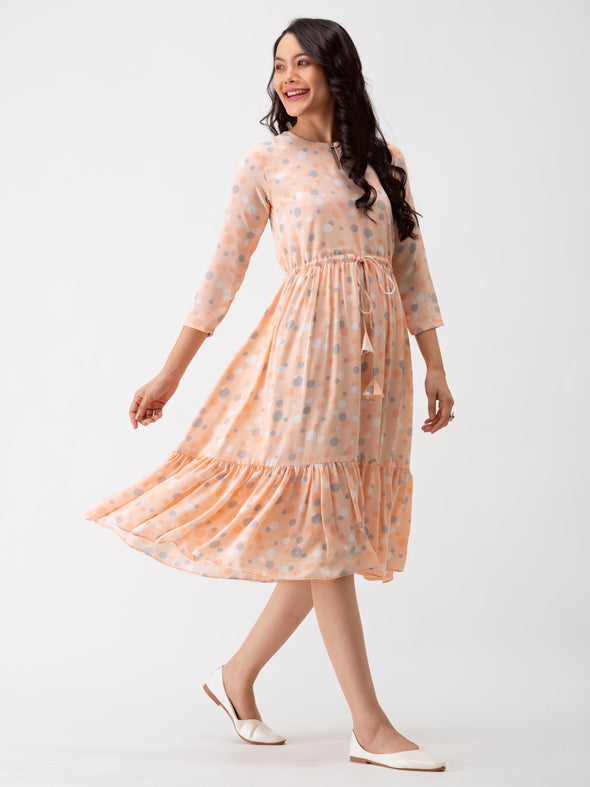 Polka Dots Floral Printed Tie Up Crepe A-Line Dress