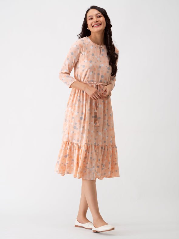 Polka Dots Floral Printed Tie Up Crepe A-Line Dress