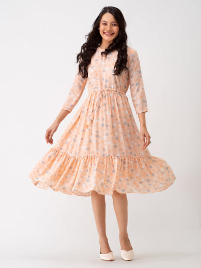 Polka Dots Floral Printed Tie Up Crepe A-Line Dress