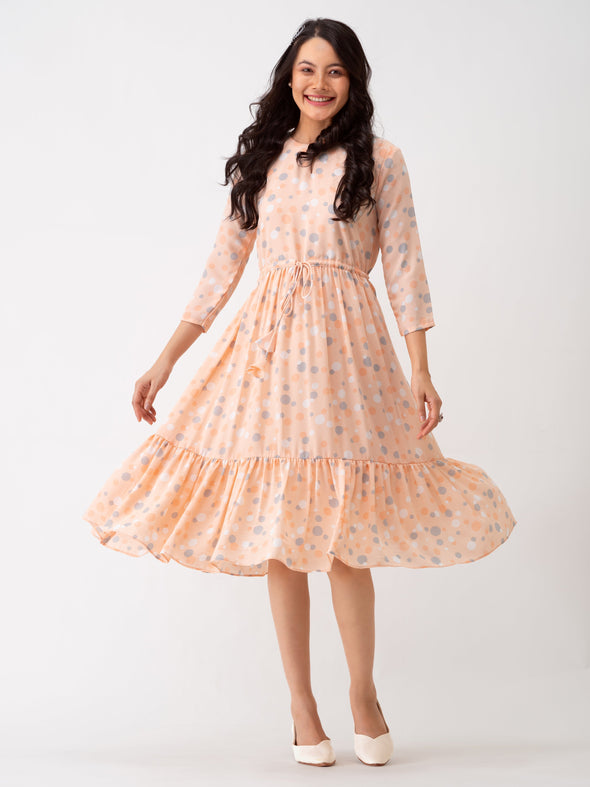 Polka Dots Floral Printed Tie Up Crepe A-Line Dress