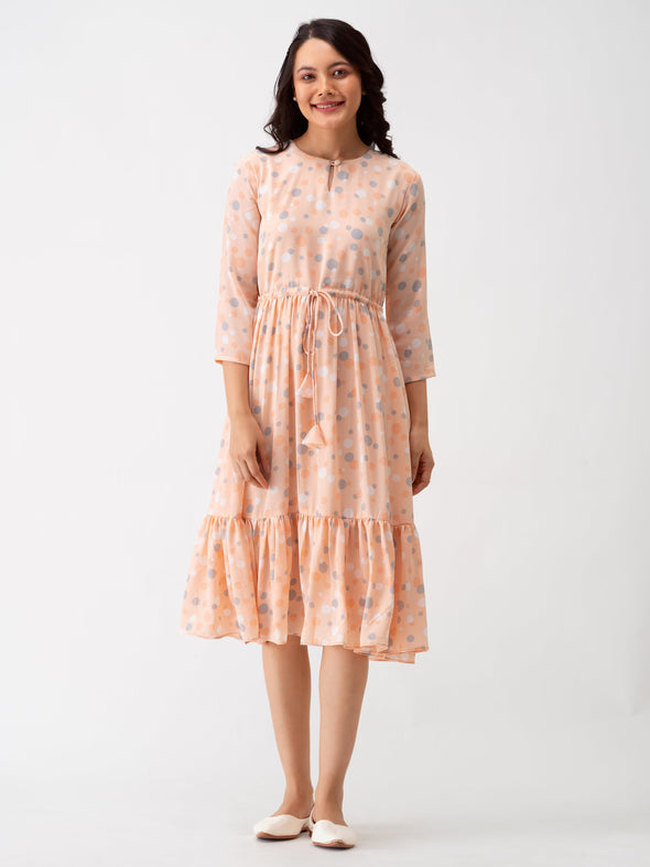 Polka Dots Floral Printed Tie Up Crepe A-Line Dress