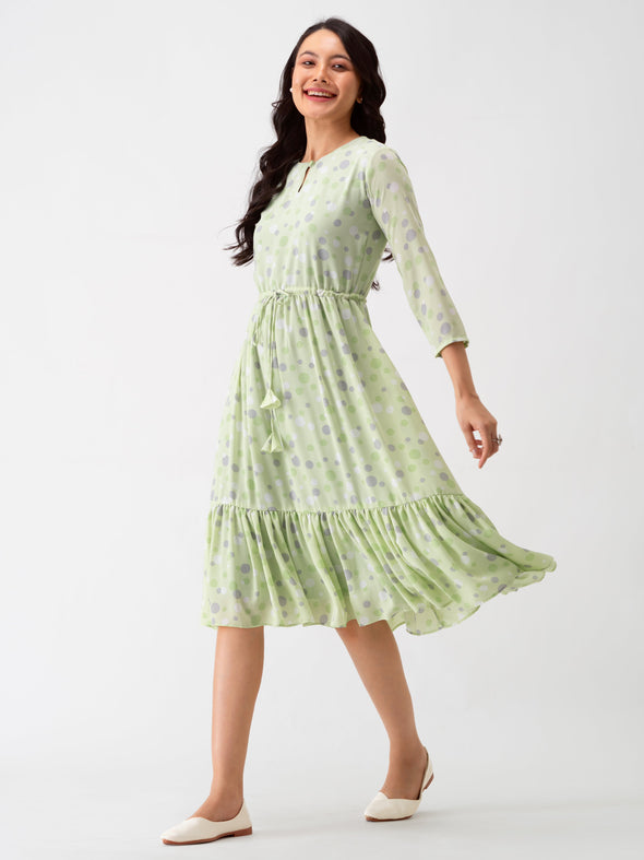 Polka Dots Floral Printed Tie Up Crepe A-Line Dress
