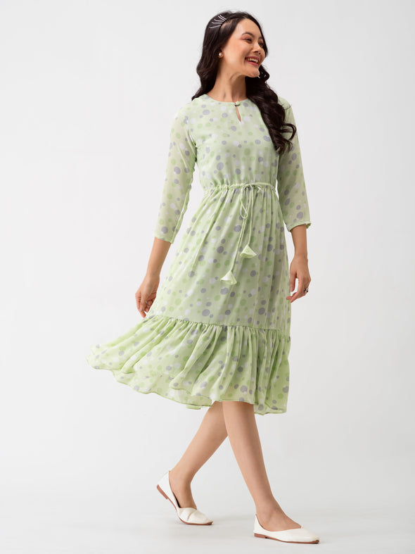 Polka Dots Floral Printed Tie Up Crepe A-Line Dress