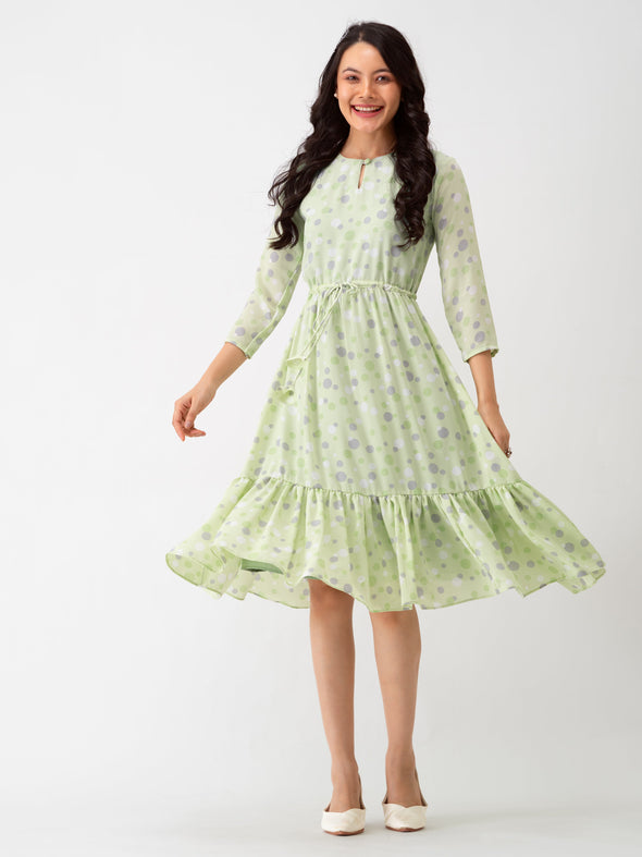 Polka Dots Floral Printed Tie Up Crepe A-Line Dress