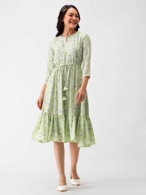 Polka Dots Floral Printed Tie Up Crepe A-Line Dress