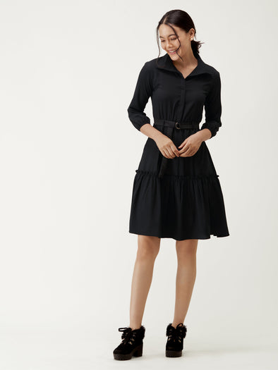 Puff Sleeves Crepe Fit  Flare Dress