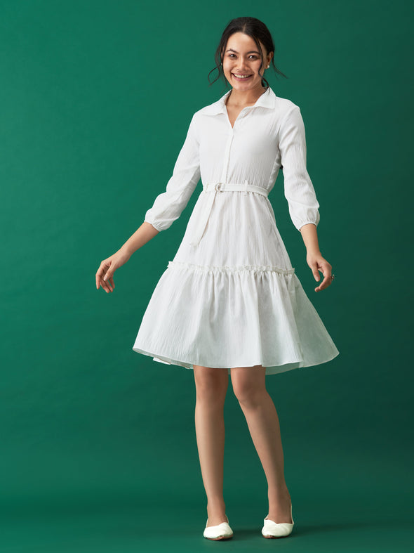 Puff Sleeves Crepe Fit  Flare Dress