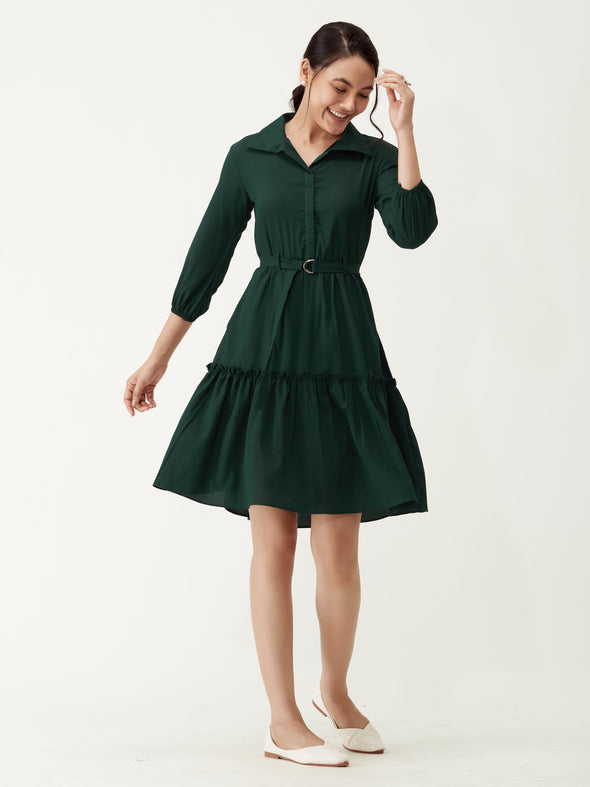 Puff Sleeves Crepe Fit  Flare Dress