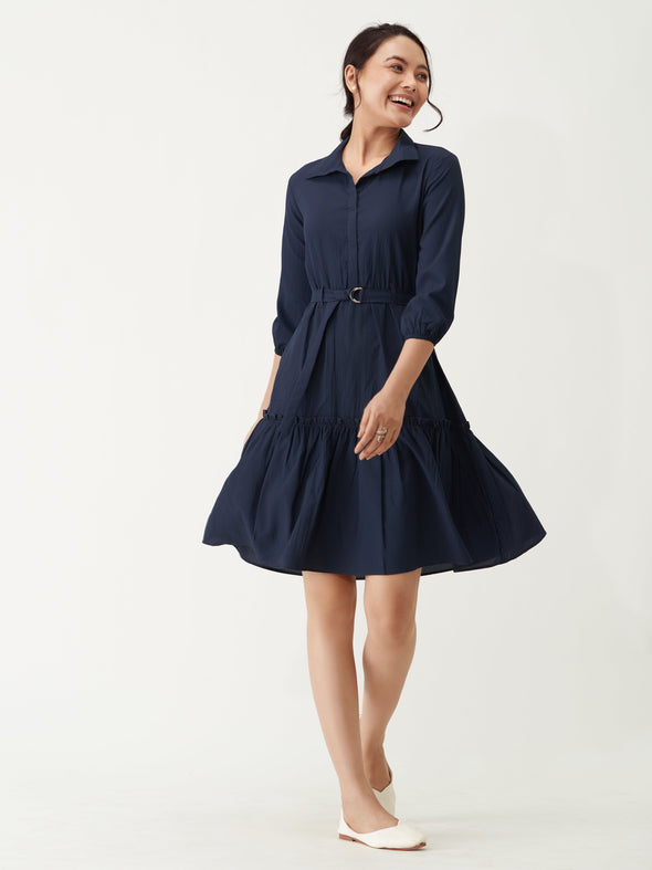 Puff Sleeves Crepe Fit  Flare Dress