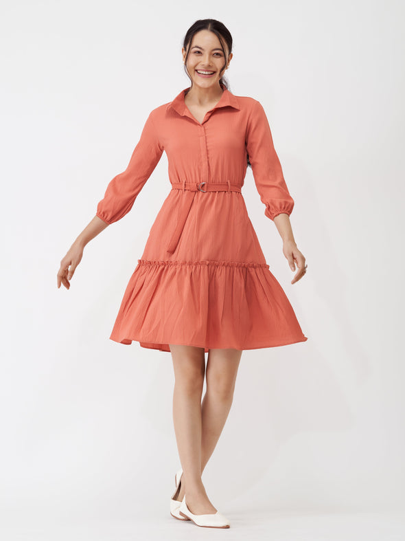 Puff Sleeves Crepe Fit  Flare Dress