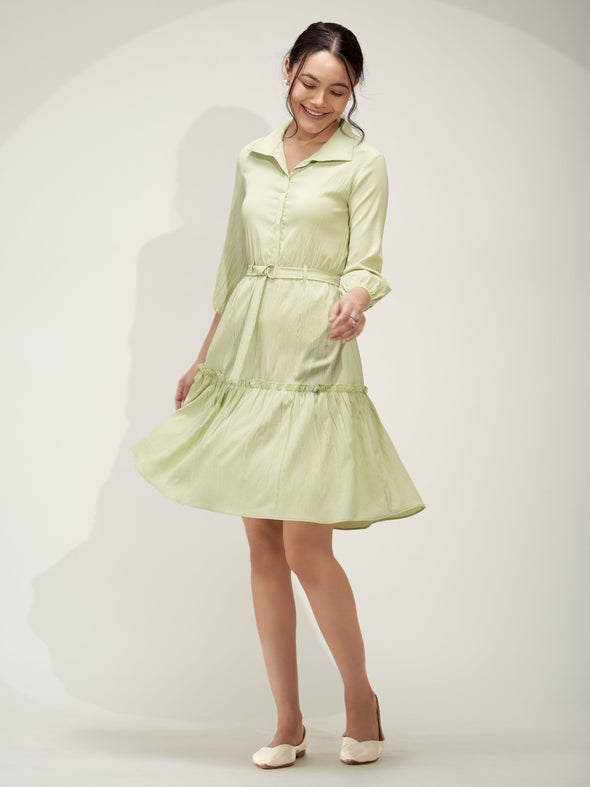 Puff Sleeves Crepe Fit  Flare Dress