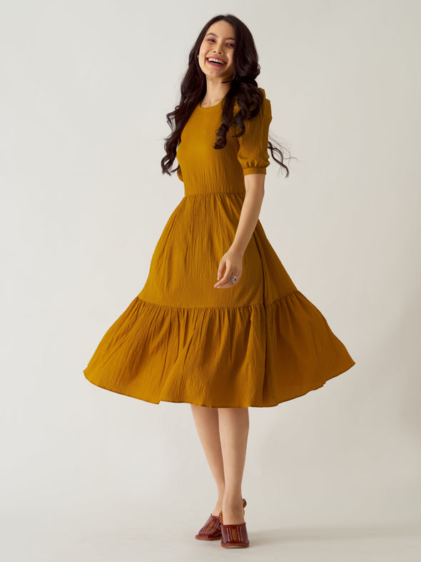 Puff Sleeve Crepe Fit  Flare Midi Dress