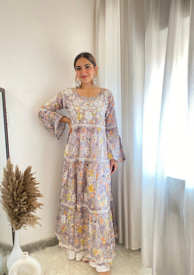 Zarah Chikankari Mulmul Tiered A-Line Gown