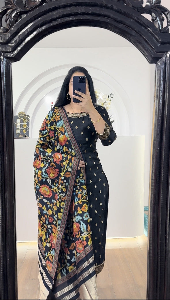 Black Kurti With Black Gajji Silk Dupatta