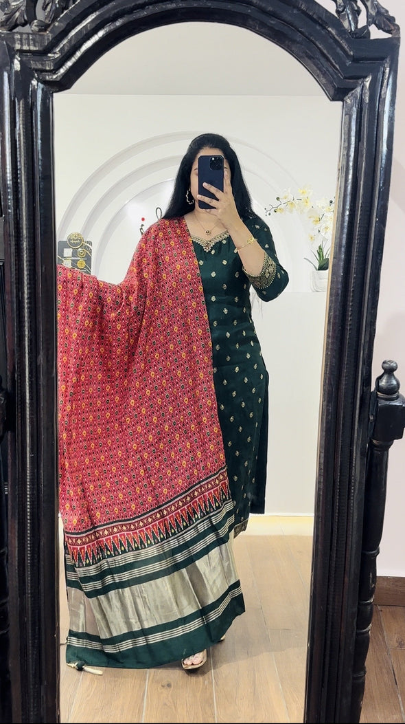 Green Kurti With Red Gajji Silk Dupatta