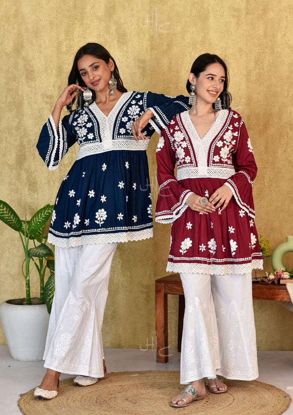 Lawahiz Chikankari Modal A-line Short Kurta