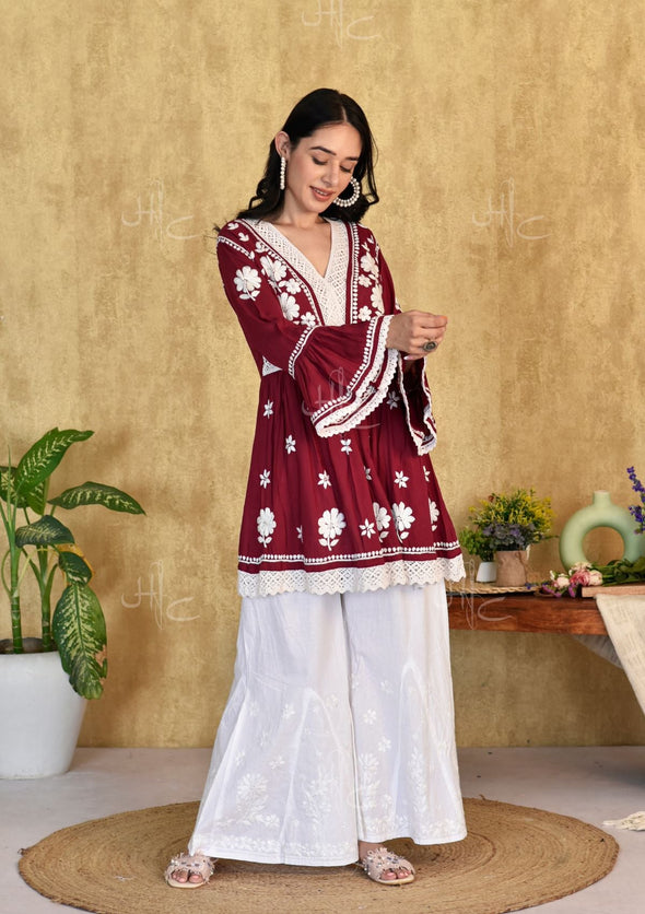 Lawahiz Chikankari Modal A-line Short Kurta