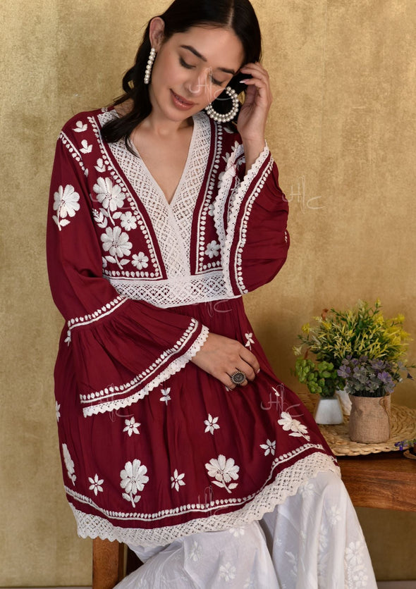 Lawahiz Chikankari Modal A-line Short Kurta