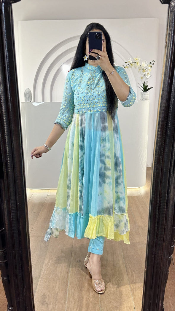 Sky Blue & Green Mulmul Cotton Suit Set