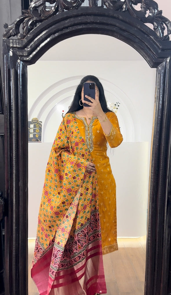 Yellow Kurti With Yellow Gajji Silk Dupatta