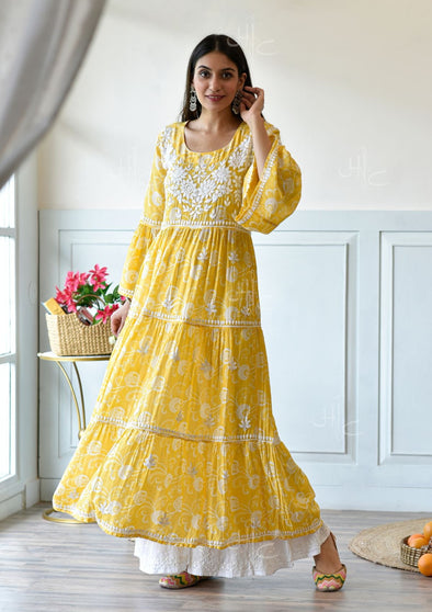 Taima Chikankari Mulmul A-Line Tiered Gown