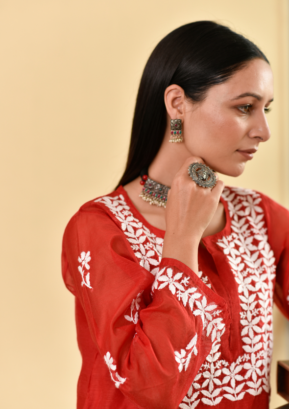 Mona Chikankari Chanderi Straight Kurta