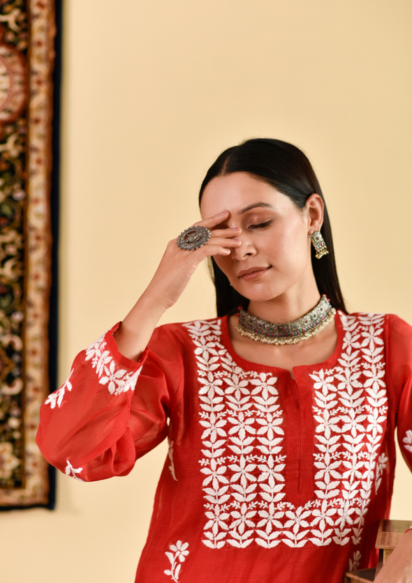 Mona Chikankari Chanderi Straight Kurta