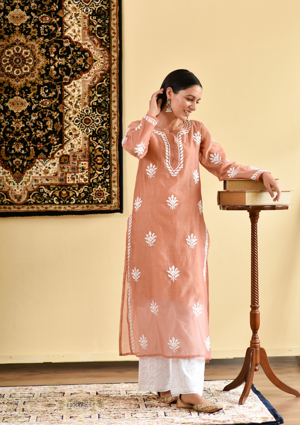 Mubina Chikankari Chanderi Straight Kurta