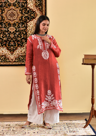 Shaima Chikankari Silk Straight Kurta